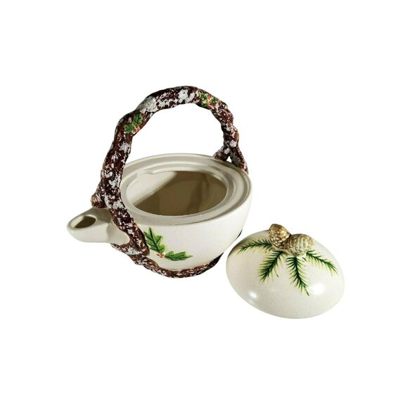 Vintage Ceramic Teapot With Winter Holly Woods Pinecone Design & Textured Brown - Picture 12 of 12